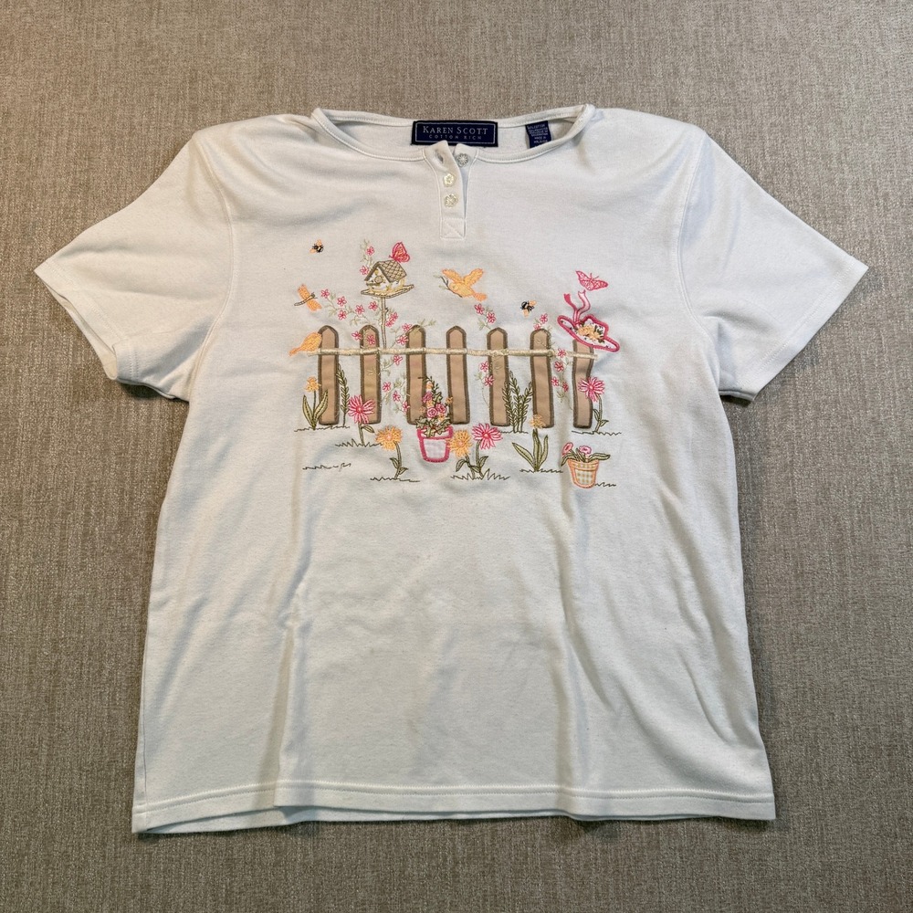 Karen Scott Embroidered Garden Fence Henley Top Light Blue Short Sleeve Medium